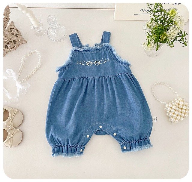 【BABY】星リボン刺繍デニムサロペットロンパース - 8