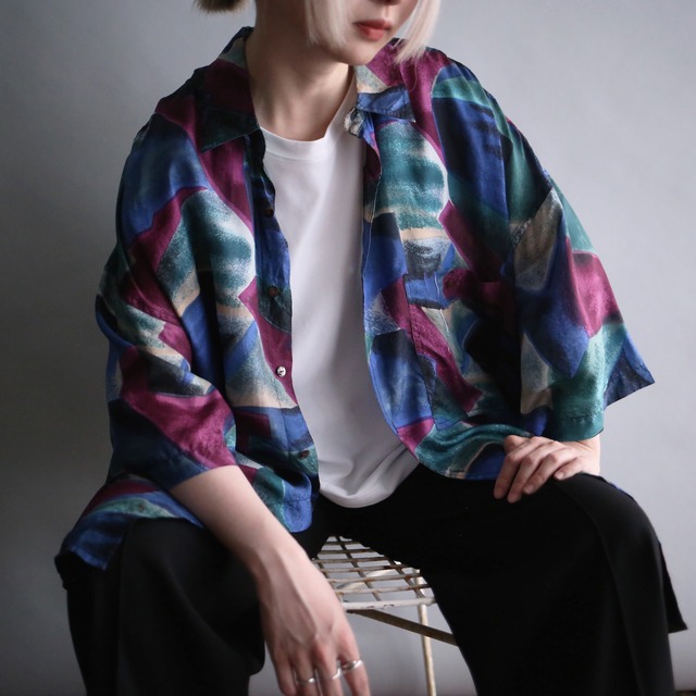 cold color mysterious pattern loose l/s silk shirt