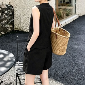 ジレ ショートパンツ セットアップ レディース 夏 Vネック ベスト ノーカラー リネンライク シングルボタン ワイド パンツ ウエストゴム 韓国風 きれいめ 大人 カジュアル 通勤 体型カバー 着回し [LS-CGX011]