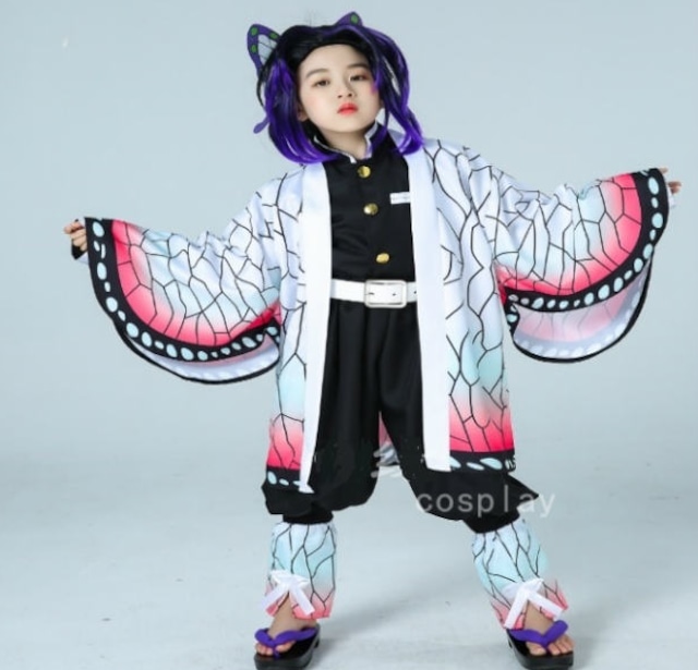 なりきりキッズ☆ 胡蝶 忍（こちょう しのぶ） 服 キッズサイズ  服  コスプレ 子供 子ども キッズ 衣装 羽織 隊服 コスチューム なりきり セット 仮装 キャラクター ハロウィン パーティー イベント 撮影 送料無料 100 110 120 130 140 150