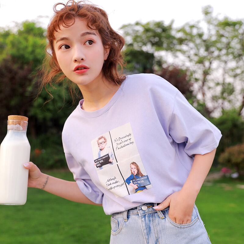 Tシャツ パーカー トップス レディースファション 上着 ラウンドネック 半袖 カジュアル 韓国風 可愛い 合わせやすい ゆったり パープル ピンク コットン Elegant Tシャツ パーカー トップス レディースファション 上着 ラウンドネック 半袖 カジュアル 韓国風 可愛い 合わせやすい ゆったり パープル ピンク コットン Elegant