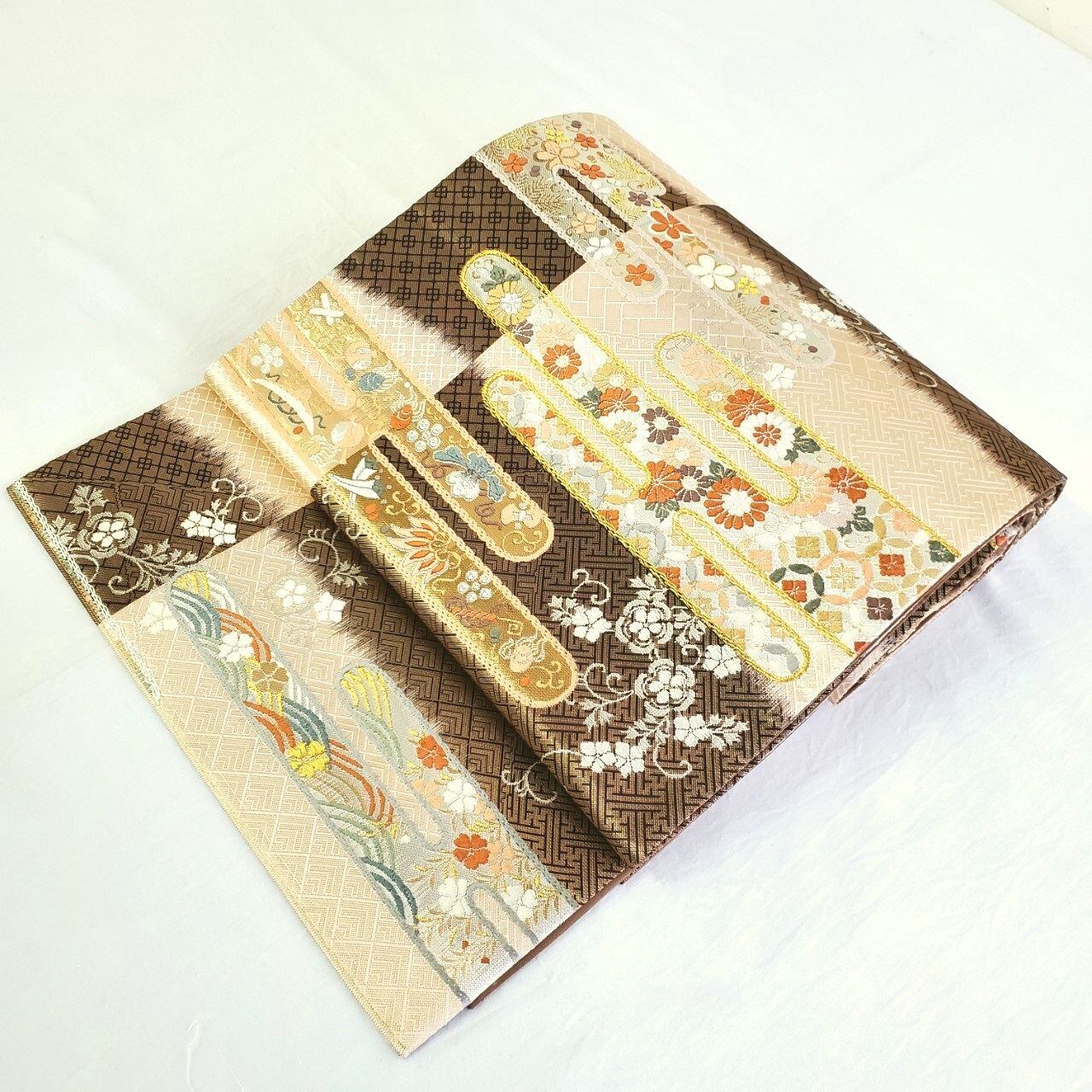 正絹 袋帯 格子模様 洒落帯 袋帯 全通柄 市松 格子柄 未使用 イ