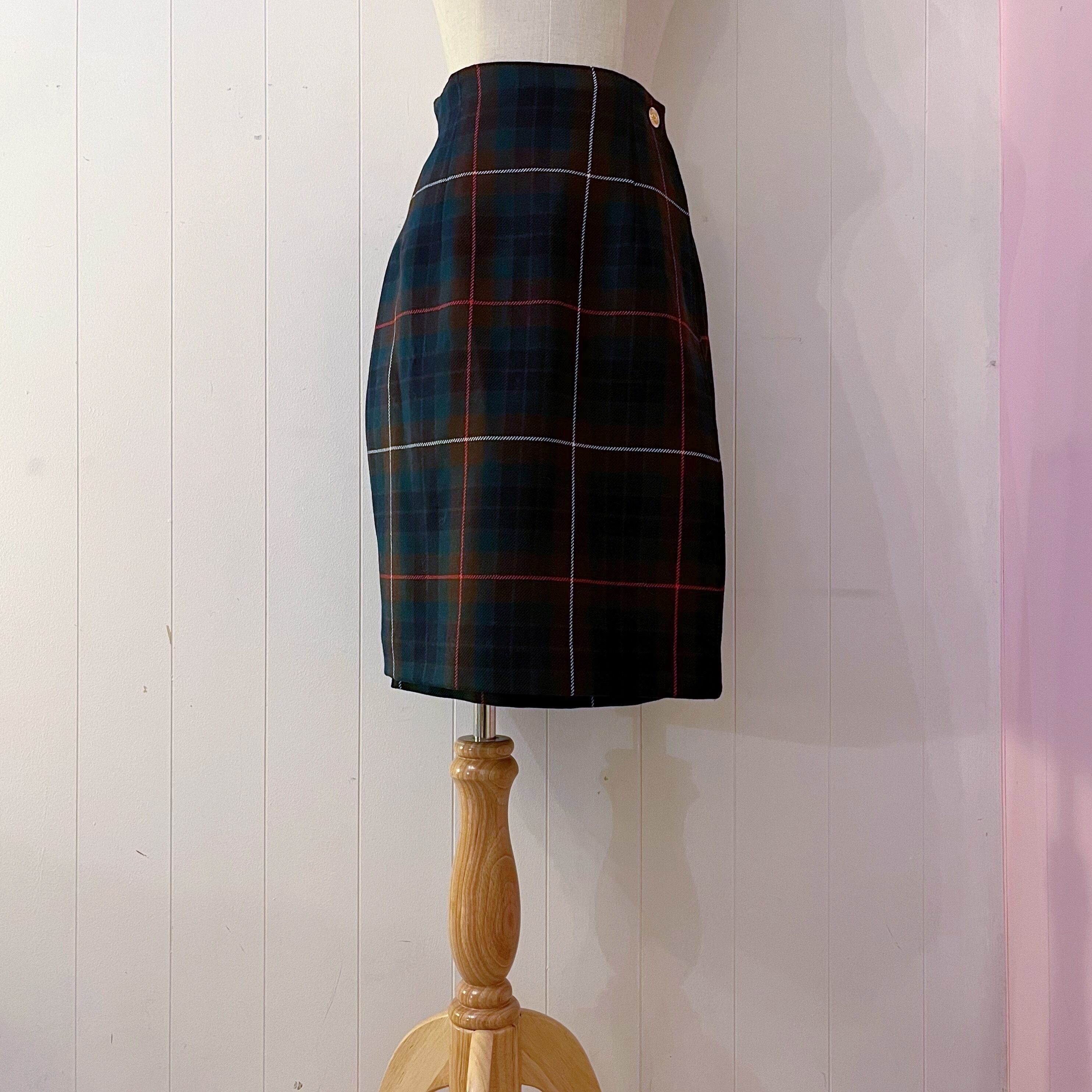 brown green check wrap skirt