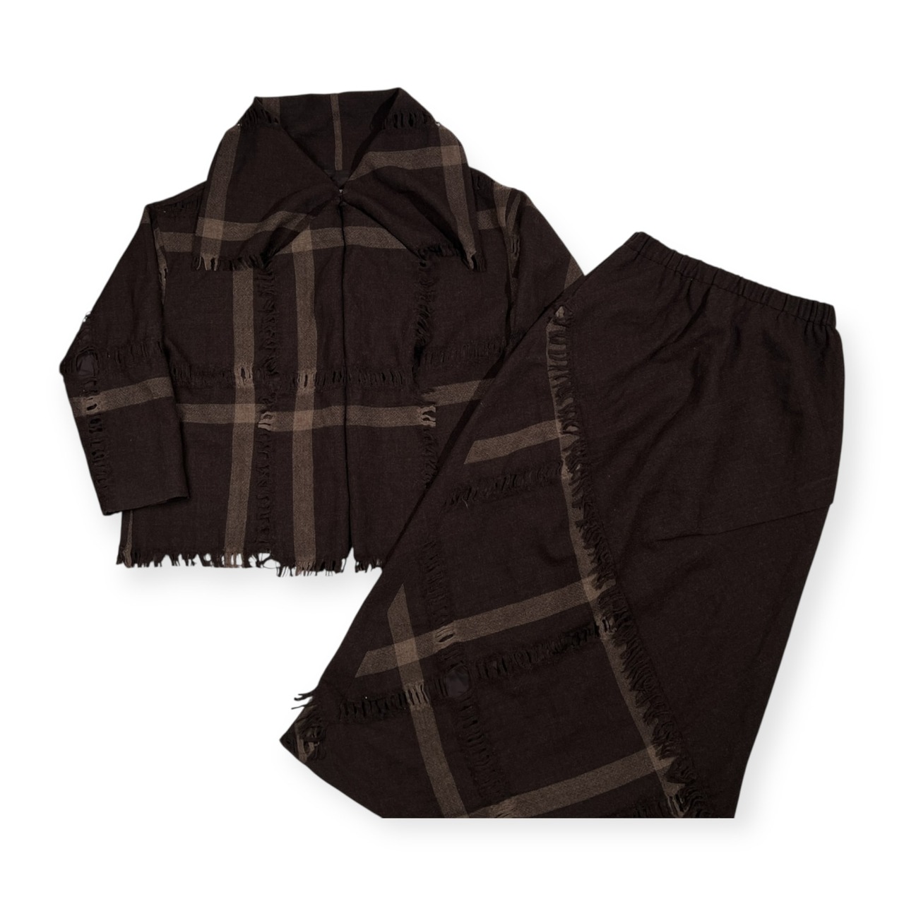 上下セット 慈雨 ジウ センソユニコ チェック柄 セットアップ ジャケット & ウール スカート サイズ 40 /ダークブラウン/日本製