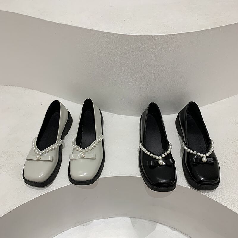 レザースプリングパールリボン 靴 シューズ ローファー 春物 真珠 スクウェア フェイクシューズ47023672204