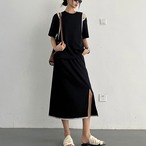 French off-shoulder t-shirt and slit skirt set (ME388)