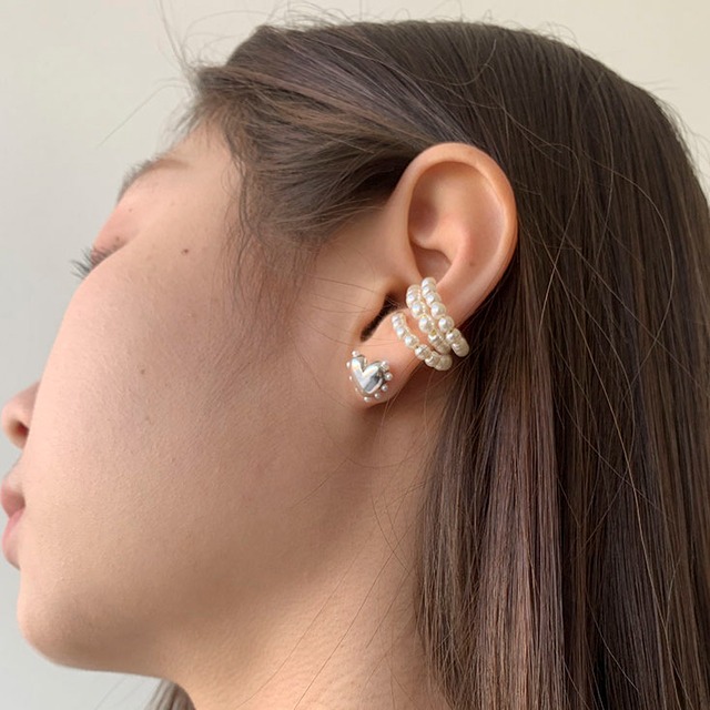 Heart earrings and pearl ear cuff set　2litr06187