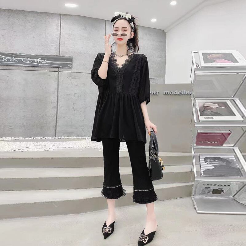 レースVネックメッシュトップス サマードレス ルーズTシャツ パンツ 大きめサイズ 夏物 ミックスインファッション16897909414