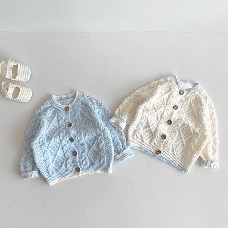 ,ベビー幼児女の子ケーブル編みニットカーディガン バイカラー アイボリー ブルー かわいい秋冬服 lwa0139
