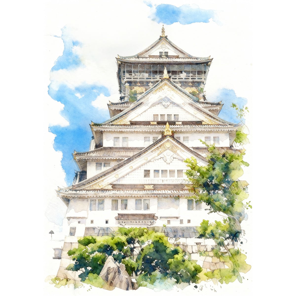 絵画 風景画 日本の城 大阪府大阪城 インテリアアート額付き 水彩画