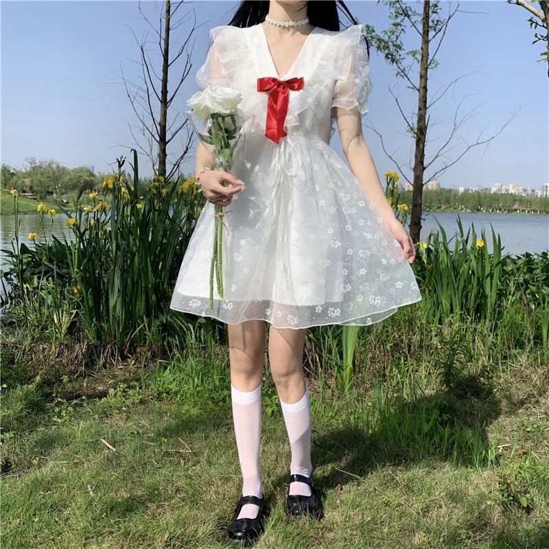 リボンVネックウェストフローラルドレス サマースリーブスカート 大人ガーリー スウィート キュート カジュアル 夏物 花柄 萌量不足78525764967