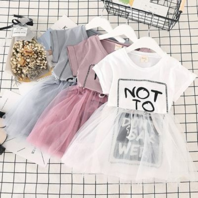 100~140cm 3カラー ★ チュール付き ロゴ Tシャツ チュニック ワンピース ミニ丈 2019s/s 韓国 子供服 女の子 ガールズ キッズ /P255