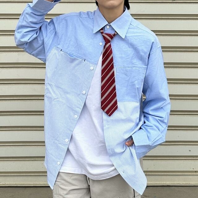 【予約販売】シャツ 長袖 トップス ストライプ柄 無地 切り替え メンズ ブルー こなれ感 カジュアル シンプル モード お洒落 こなれ感 韓国 トレンド 春 夏 秋 M/L/XL/2XL