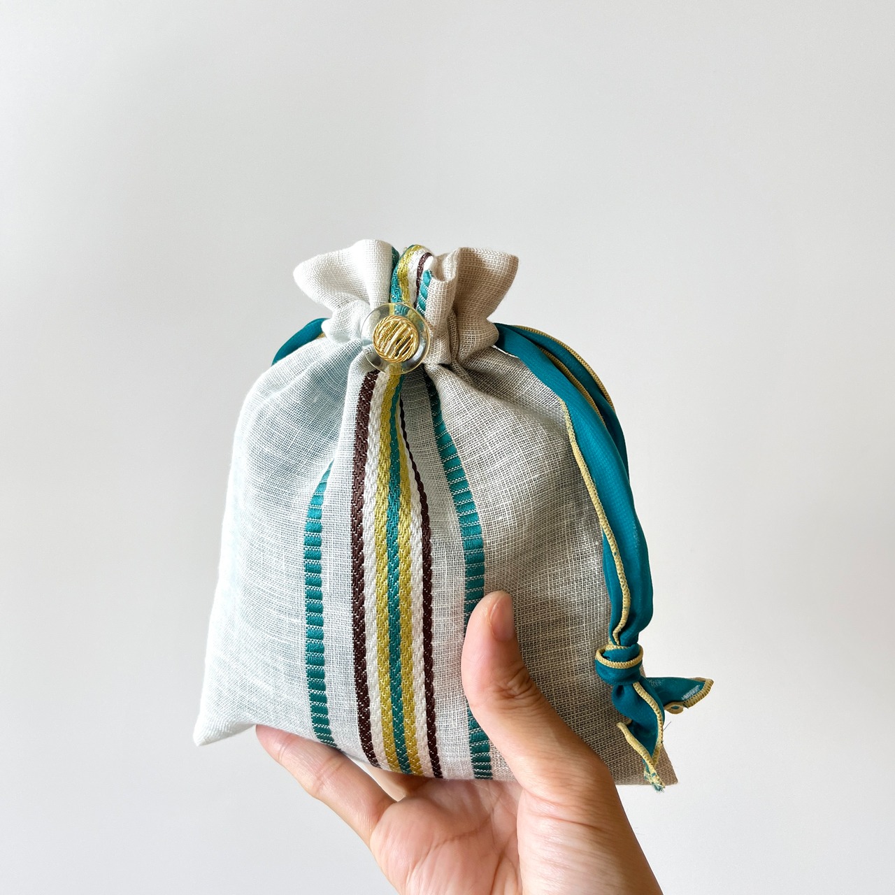 【エメラルド×ゴージャスライン】リネン×ジョーゼット生地のリボン巾着・画像7