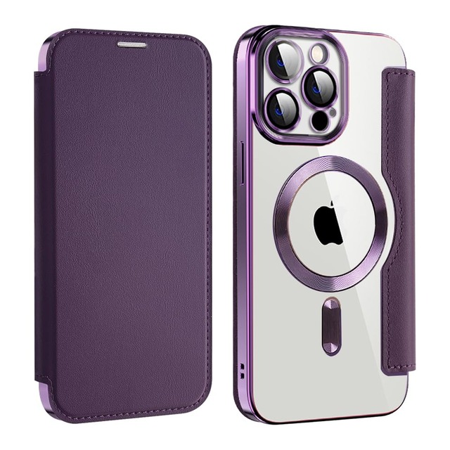 MuZiF iPhone 13 Pro 用 ケース 手帳型 Magsafe対応 クリア 背面 透明 高級なPUレザー 永久磁石 マグネット スマホケース カード収納、人気財布型 カバー 軽量 アイフォン13 Pro 用 手帳カバー (パープル)