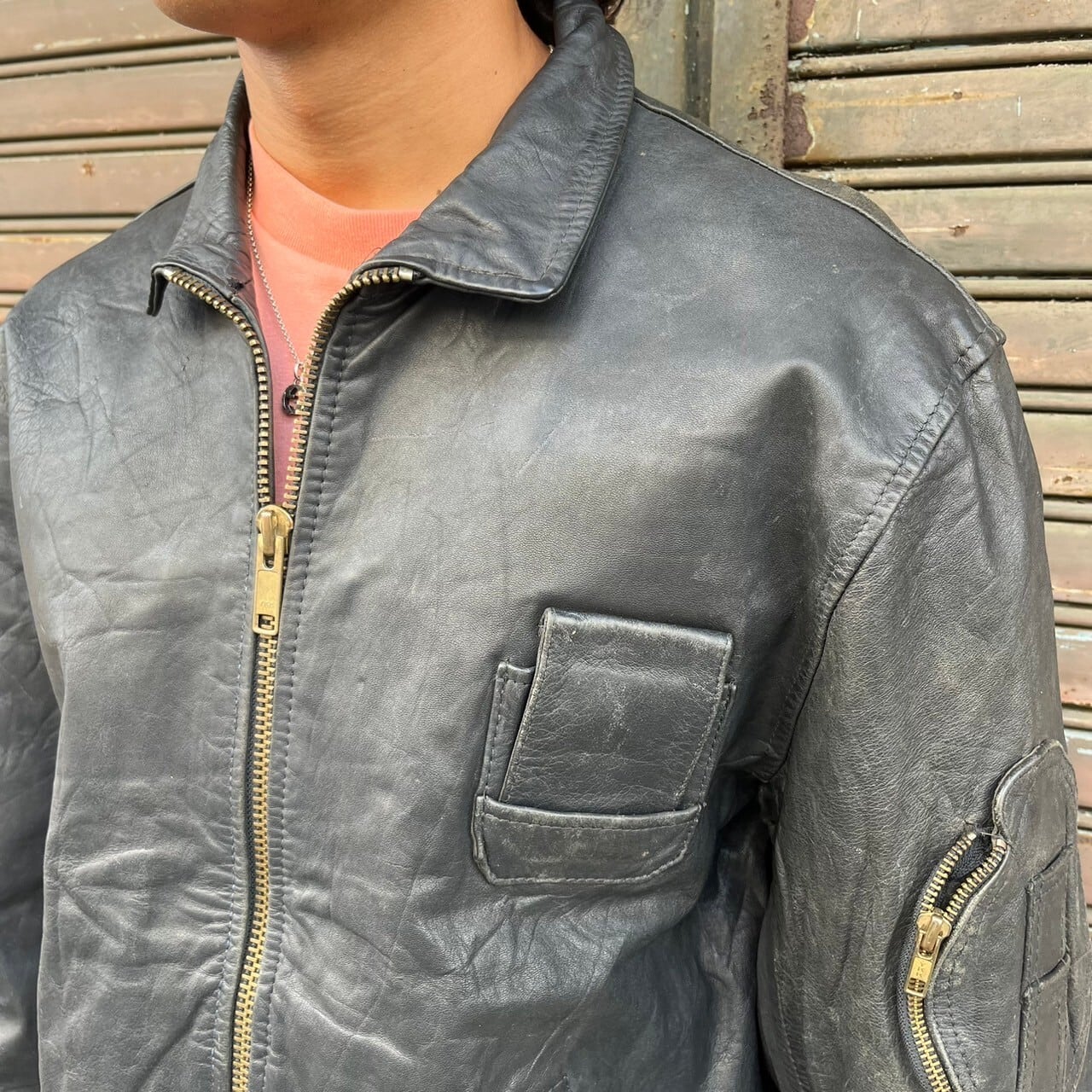 80s フランス軍 Franch ヴィンテージ 空軍 パイロット レザー XL 80s フランス軍 Franch ヴィンテージ 空軍 パイロット レザー XL