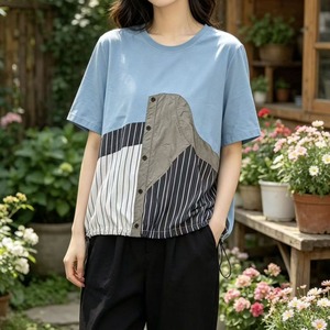 ASYMMETRIC STRIPED PANEL SHORT SLEEVE T-SHIRT M-17344