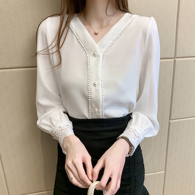 V neck elegant sleeve lace chiffon shirt