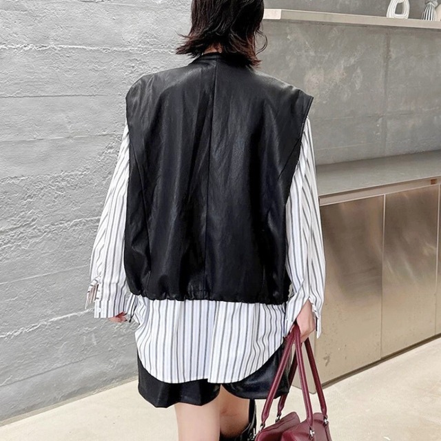 Fake two-piece leather vest shirt【2color】 C1304