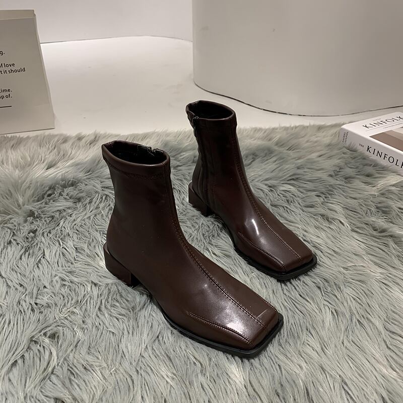 ショートブーツレッドカジュアルジッパーソリッド カラー 靴 シューズ ソリッドカラー スクウェア フェイクシューズ35690787834