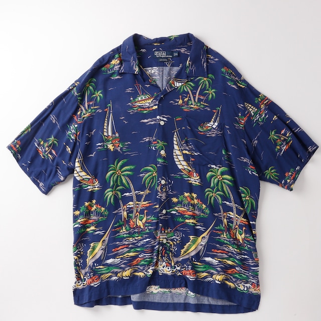 【極美品】90s Ralph Lauren special rayon open collar shirt big size S/S  "CALDWELL" navy mint condition  ／ ラルフローレン スペシャル レーヨン オープンカラー シャツ コードウェル XL ネイビー サマーシャツ 夏服 アロハ