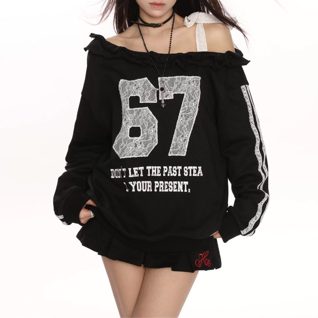 lace detail off-shoulder sweat top la2151
