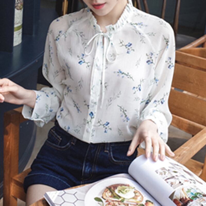 花柄 襟フリル 長袖 ブラウス