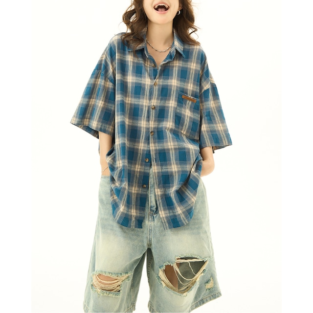 blue retro plaid short sleeve shirt　ブルーレトロチェック柄半袖シャツ　J1014