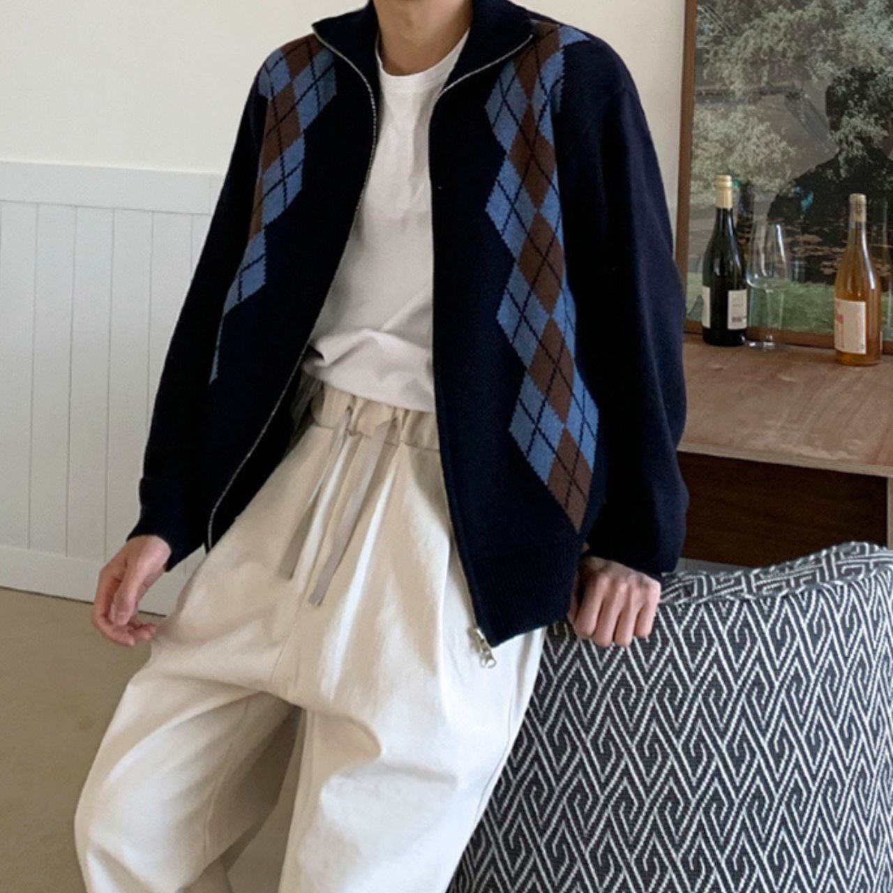 アーガイルジップアップニットカーディガン　MT0080387