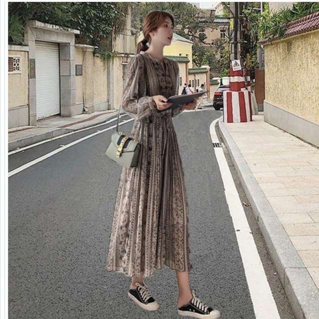 ワンピース 小花柄 レトロ 花柄 ワンピース ロング丈 レディース ストライプ 小花柄 ロング ワンピース マキシ丈 カジュアル シースルー Basecamp49