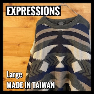 【EXPRESSIONS】台湾製 柄ニット セーター 総柄 個性的  US古着