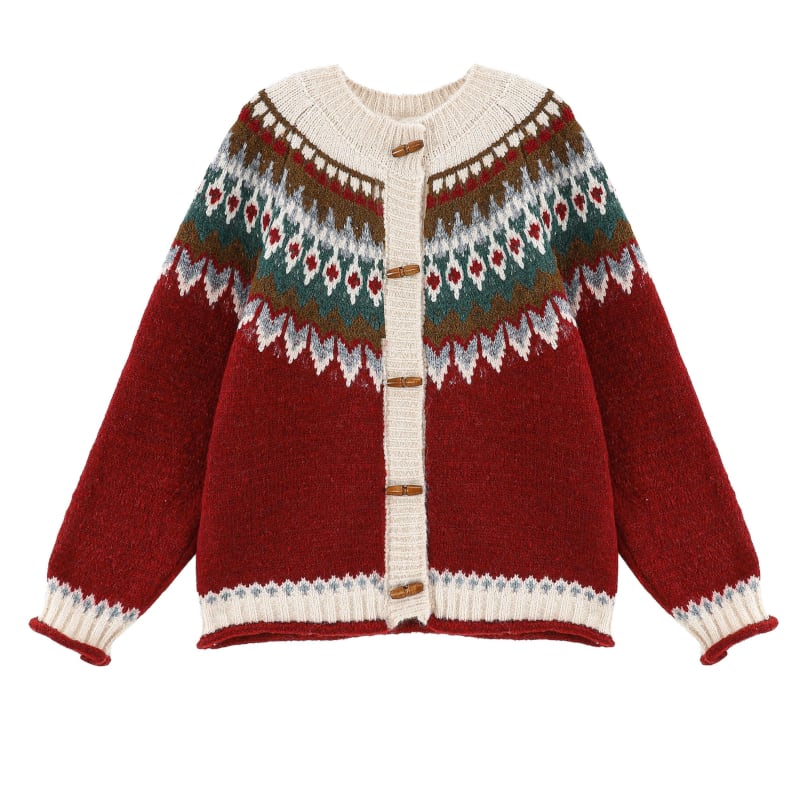 Fair Isle Wooden-Button Knit Jacket S0187