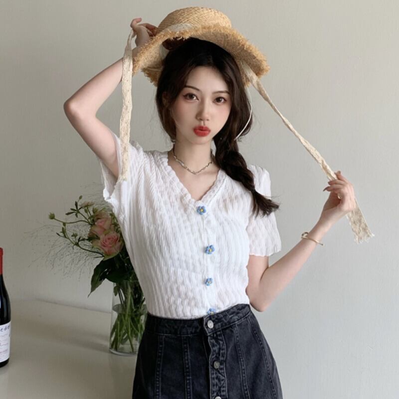 Vネックショートスリムシャツ トップス レディース ハンチェンe85907687590