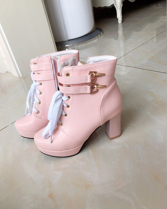 ダブルバックル レースアップ 厚底ショートブーツ（3 colors）