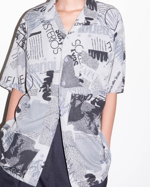 1980s Kennington - newspaper print open collar shirt