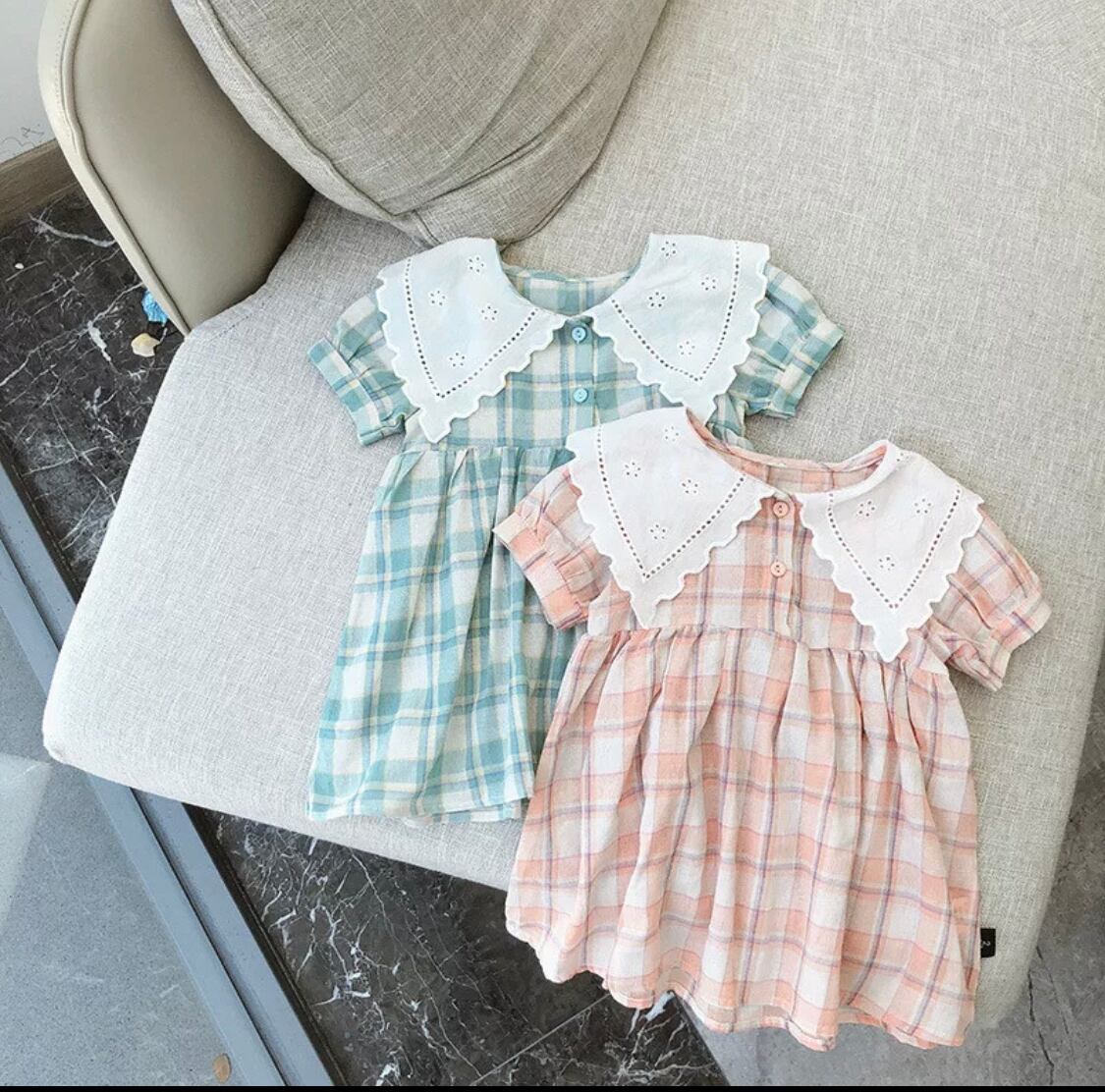 レース襟パステルチェックワンピース》》》》》春夏 2021ss 海外子供服 女の子 春服