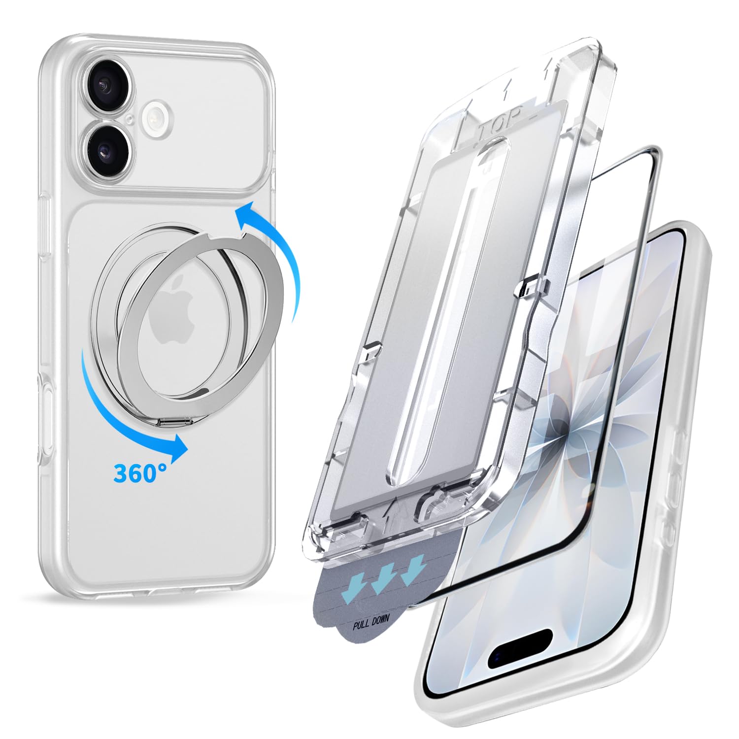 Loodoomo iPhone 17 用の ケース リング【360°回転スタンド・角度自由調整】magsafe対応 9H強化ガラスフィルム1枚 ゼロ失敗のガイド枠付き 自動貼り付け 貼り付け超簡単 いphone17 スマホケース アイホン17 カバー ワイヤレス充電 車載ホルダー 対応 指紋防止 黄变防止(クリア)