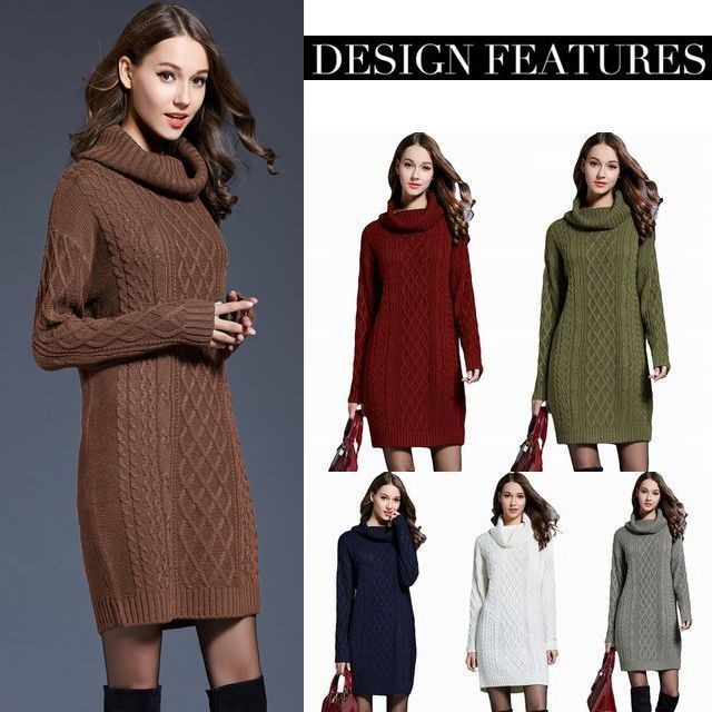 レディース タートルネックニットワンピース ケーブル編み / Long Length Women Knitting Sweater Dress (DCT-577219070022)