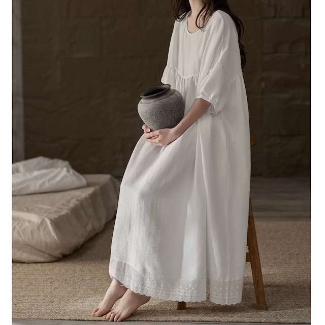 【M-XL】three-quarter sleeve lace one-piece style roomwear p1678