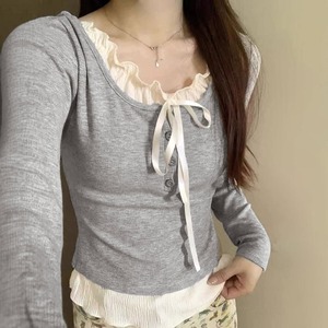 カップ付き レイヤード風 Tシャツ レディース 春秋 韓国 おしゃれ 大人 かわいい 長袖 トップス カジュアル 重ね着 フリル リボン 大人可愛い 大人女子