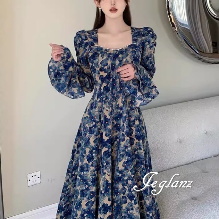 花柄 プリント ワンピース ベルスリーブ パール クラシカル (M7963)α