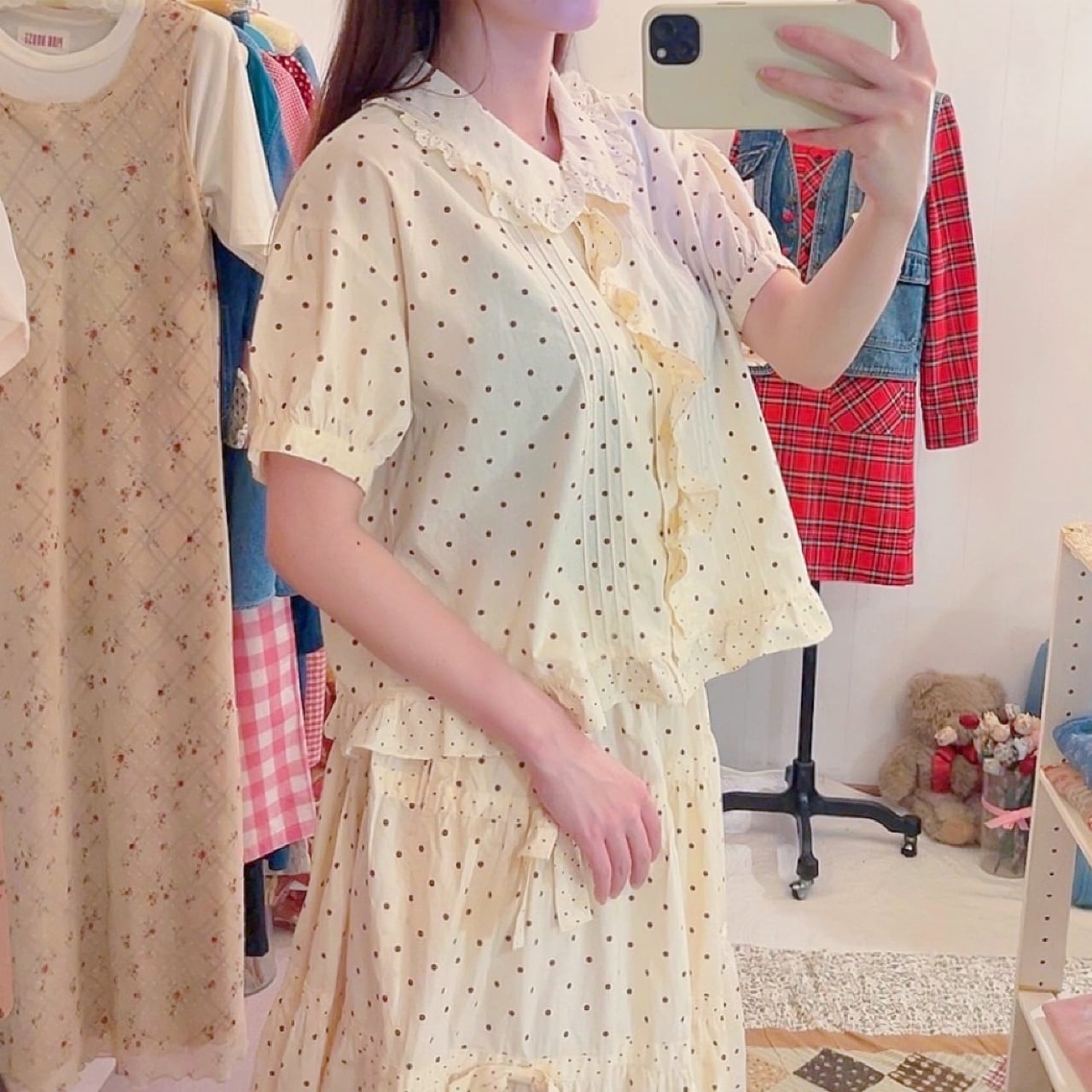 cream brown dot blouse & skirt set up