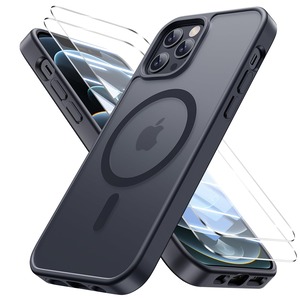 【努力特価】iPhone 12/ iPhone 12 Pro 用 ケース【強化フィルム2枚付き】Magsafe対応・米軍規格 いphone12 ケース 半透明 耐衝撃 指紋防止 滑り止め マグネット搭載 ワイヤレス充電 耐久性 全面保護 黄ばみなし あいほん12/12 Proスマホケース 6.1インチ用，ブラック