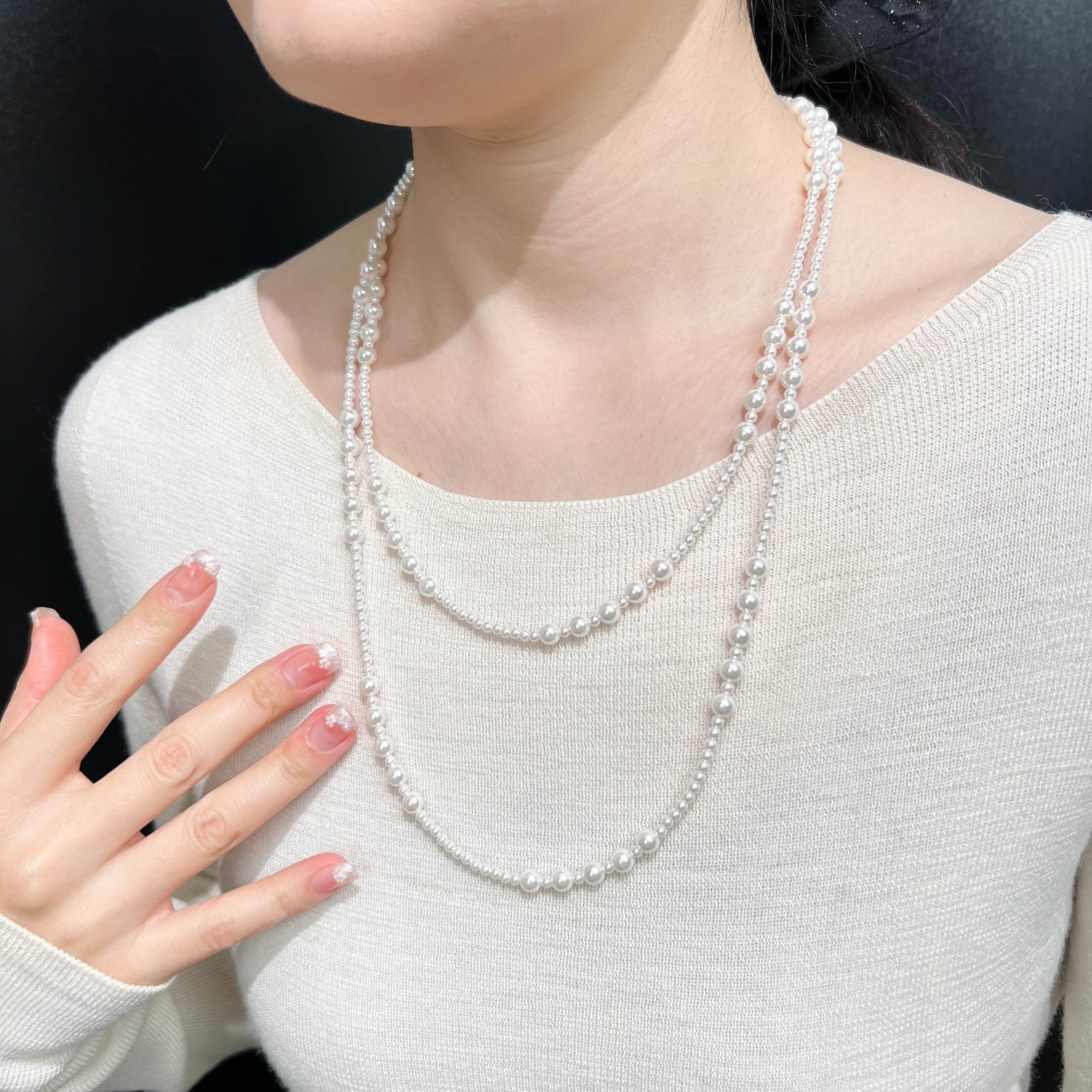 Silver925淡水パールのロング貝殻パールネックレスニットチェーン