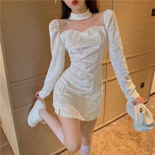 スプリングオータム水玉メッシュ長袖スリーブベルベットAラインショートドレス ロング 春物 秋物 ステッチ Xiaofeijia55010702305