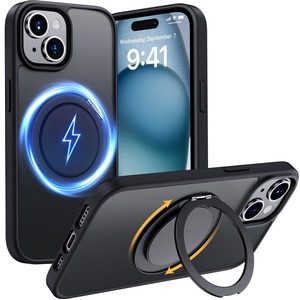【在庫処分】Aunote iPhone 15 ケース MagSafe対応 耐衝撃 360°回転スタンド 縦横両対応 マグネット搭載 黄変防止 マット感 アイフォン15 カバー 6.1インチ 半透明・ブラック