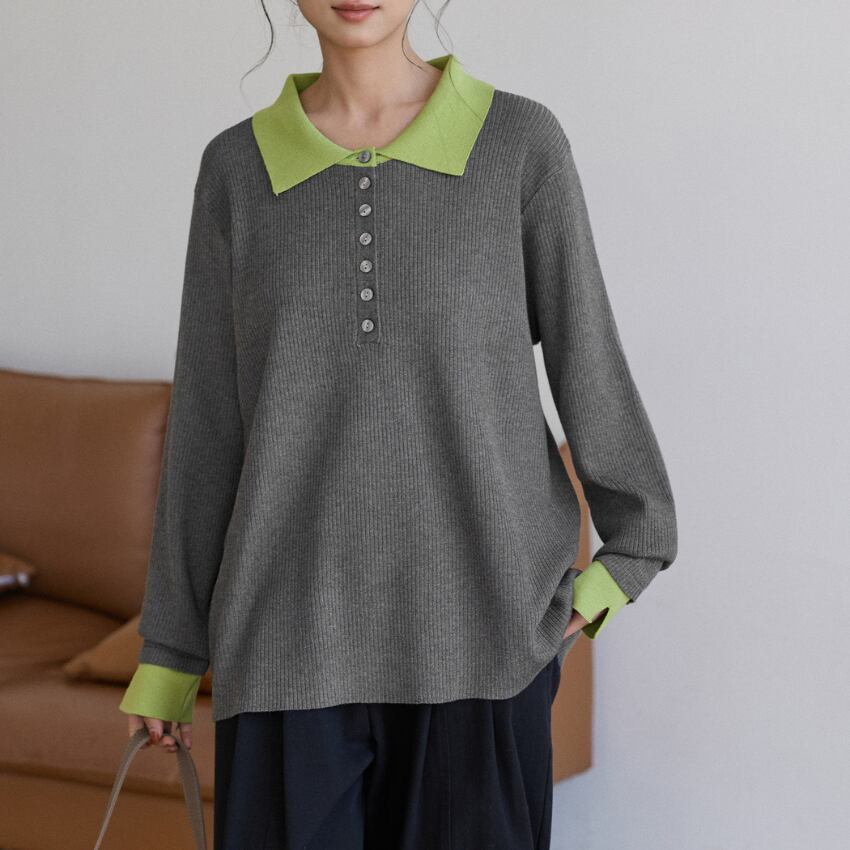 bicolor knit polo shirt　J00399