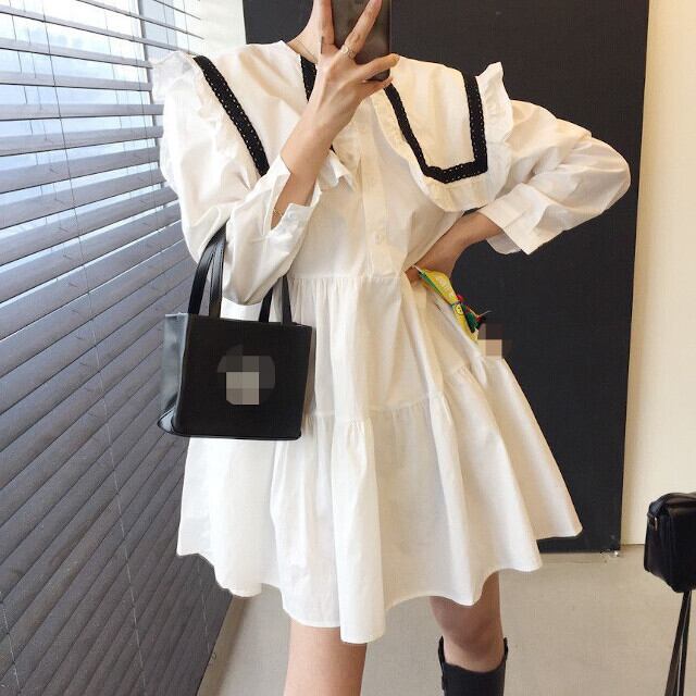 ワンピース レディース ミニ丈 襟付き ティアード フレア ロングスリーブ 長袖 ビッグカラー 刺繍 ミニワンピ おしゃれ ホワイト/ブラック