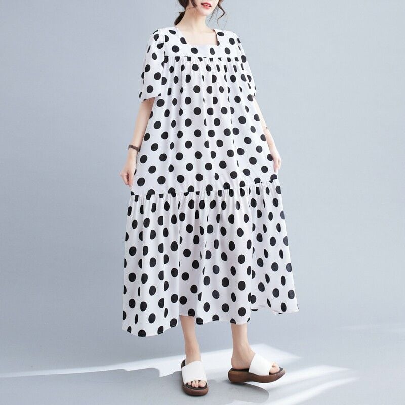 POLKA DOT SHORT SLEEVE RELAXED MAXI DRESS M-18049