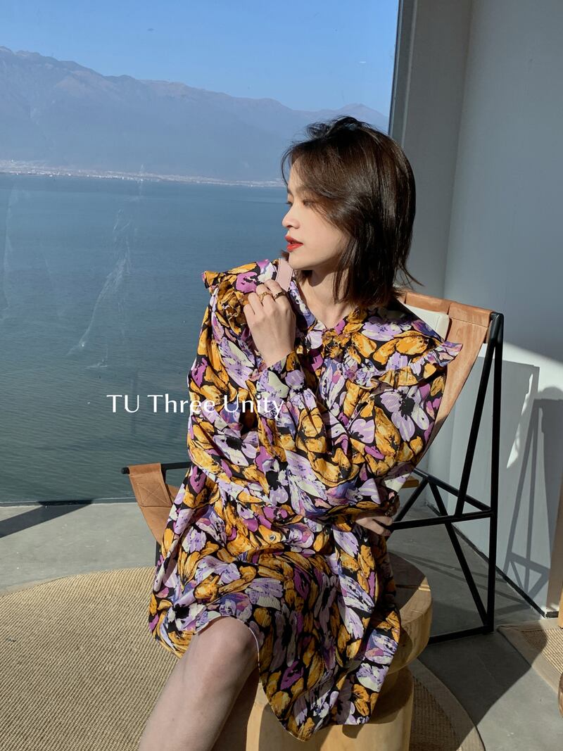 カラールーズドレス スタンダードフローラルショートスカート レトロ 花柄 ビッグFスモールZ韓国1838503351